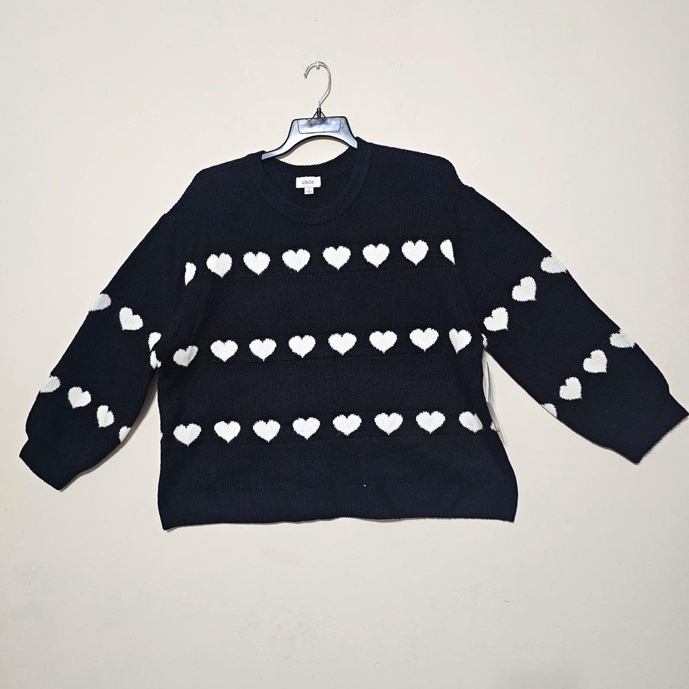 CeCe Women Sweater Plus 2X Black White Heart Knit Long Sleeve Crew Neck New 1179